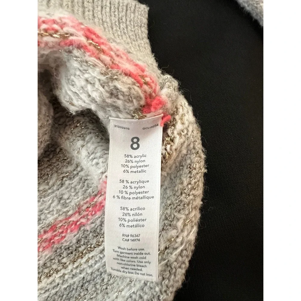 OshKosh Bgosh Girls Size 8 Fair Isle Metallic Knit Sweater Gray Pink Gold Pocket